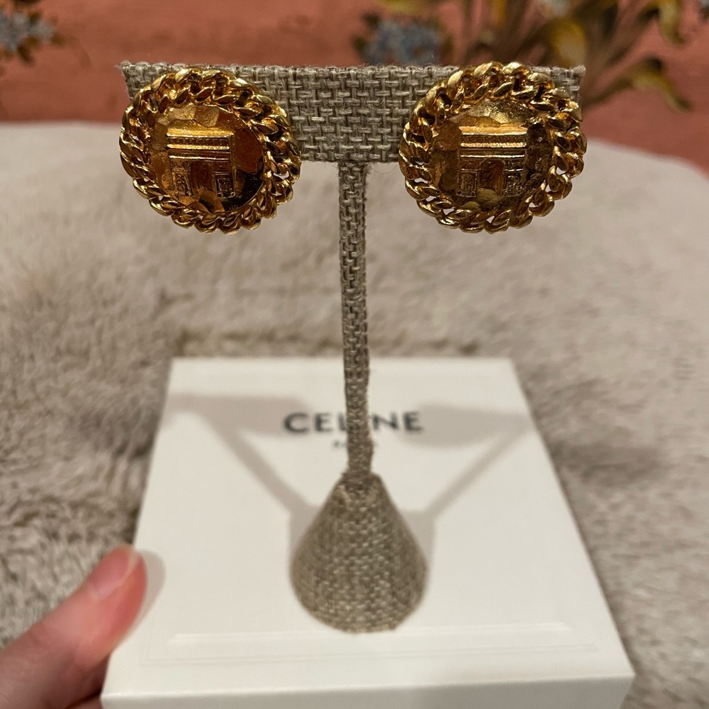 Celine Triomphe Earrings with Gold Chain Detail